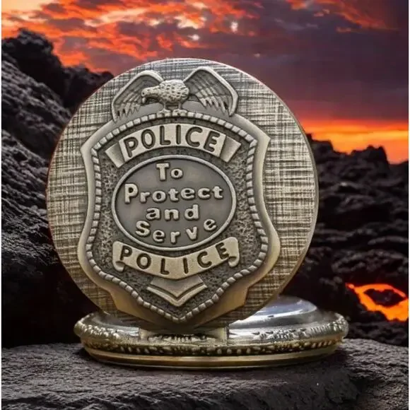 Police Badge Pocket Watch Gold Men's Valentine's Birthday Vtg Antique Style Gift
